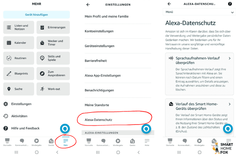 Datenschutzeinstellungen werden in der Alexa App getroffen